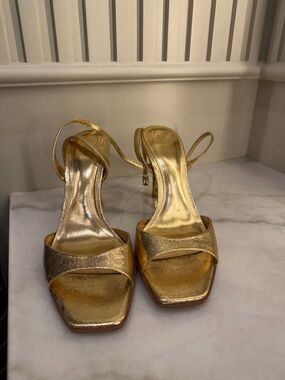 Zara Gold Metallic Square-Toe Slingback Heels